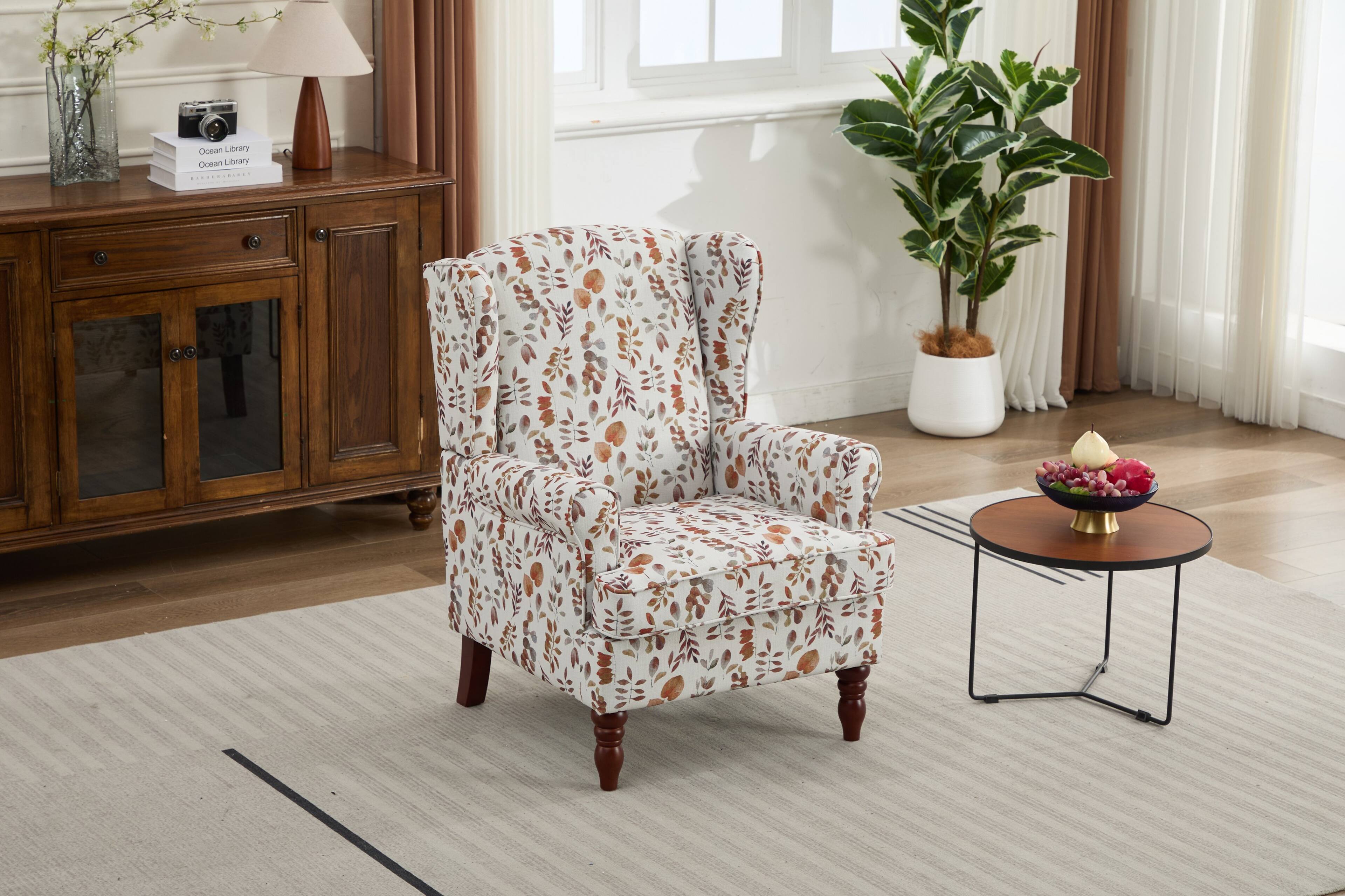 TinyHomie - Floral Yellow Upholstered Accent Chair Retro Wood Legs - Brown