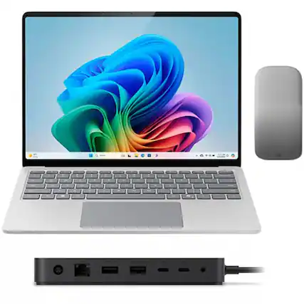 Front. Microsoft - Microsoft Surface Laptop Copilot+ PC + Arc Mouse + Surface Thunderbolt 4 Dock - Platinum.