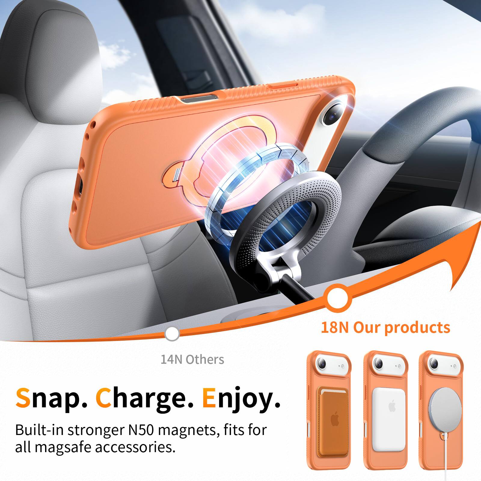 18N Our products  
14N Others  

Snap. Charge. Enjoy.  

Built-in stronger N50 magnets, fits for all mag safe accessories.