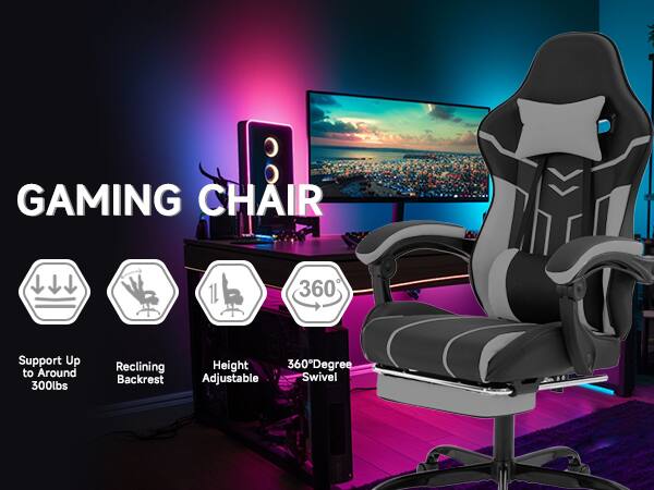 GAMING CHAIR

- Support Up to Around 300lbs
- Reclining Backrest
- Height Adjustable
- 360° Degree Swivel
