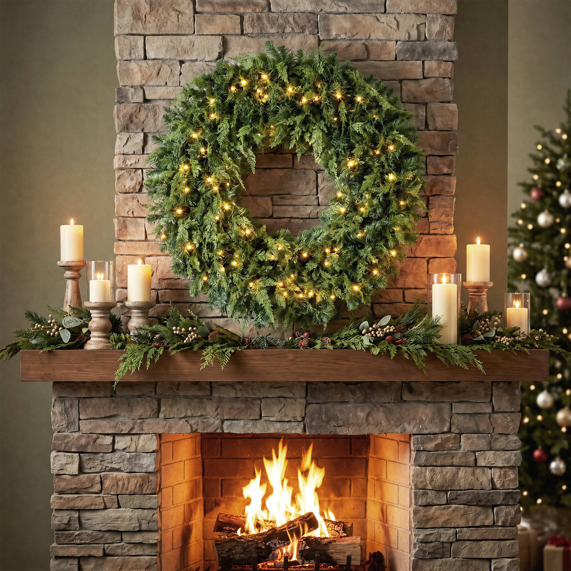Alt View 7. Homcom - Prelit Crestwood Spruce Artificial Christmas Wreath, Christmas Decor with Bow, LEDs, 8 Modes - Green.
