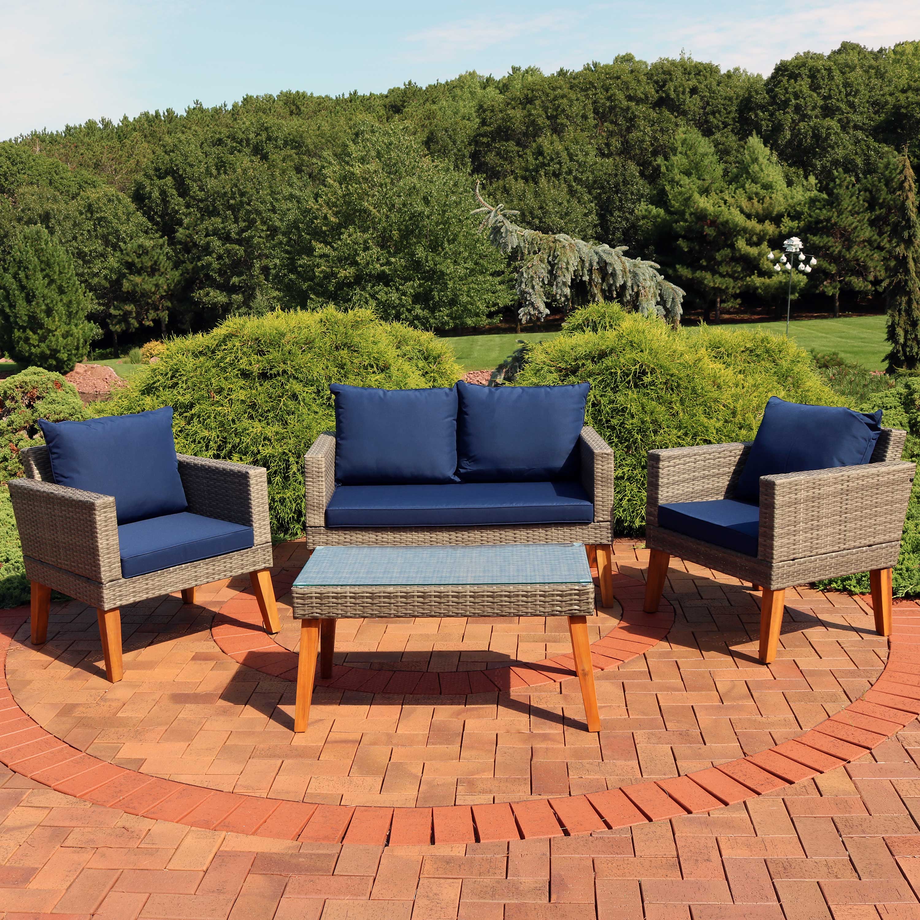 Alt View 3. Sunnydaze - Clifdon Rattan and Acacia 4-Piece Patio Conversation Set - Grey.