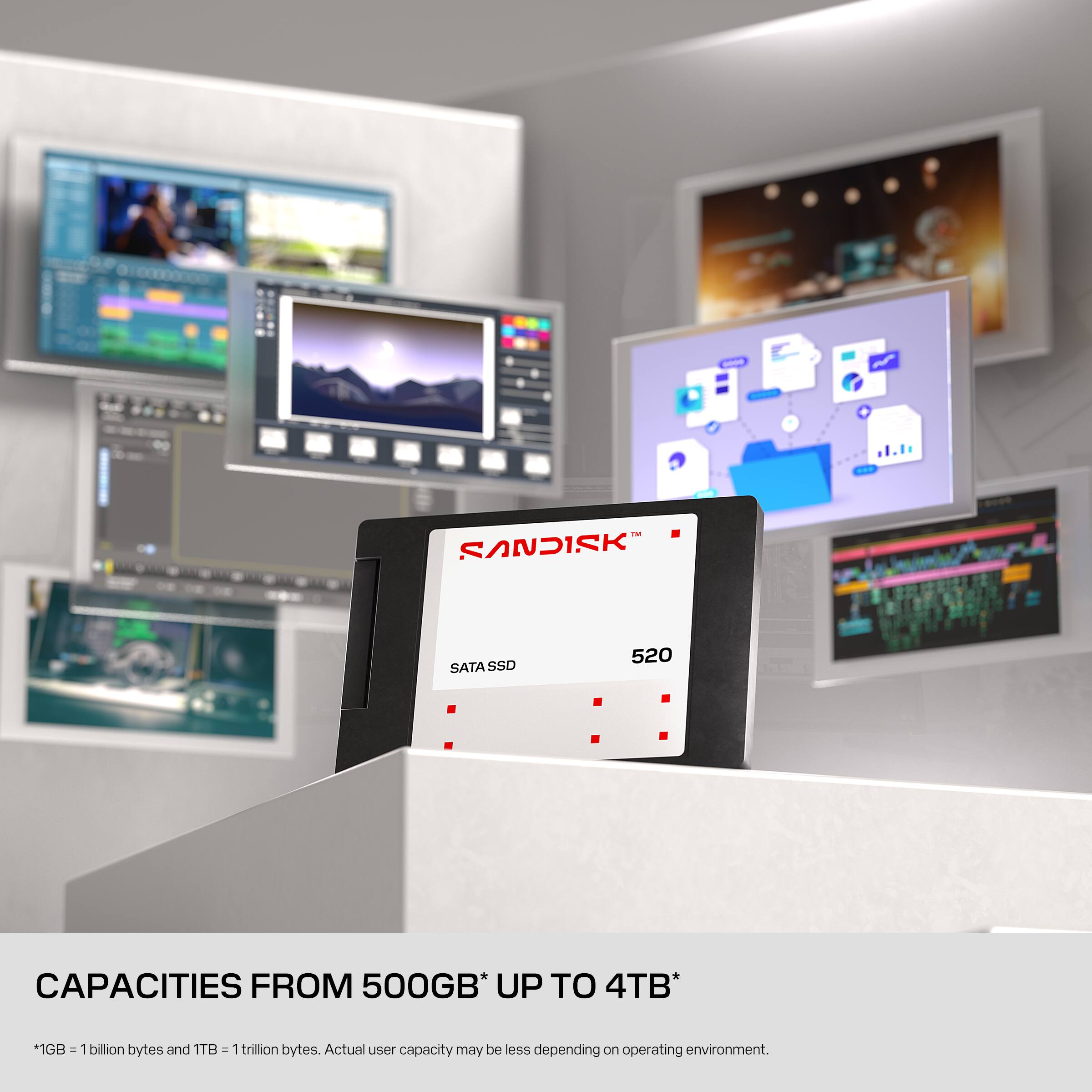 0000  
SANDISK  
SATA SSD  
520  
CAPACITIES FROM 500GB* UP TO 4TB*  
*1GB = 1 billion bytes and 1TB = 1 trillion bytes. Actual user capacity may be less depending on operating environment.