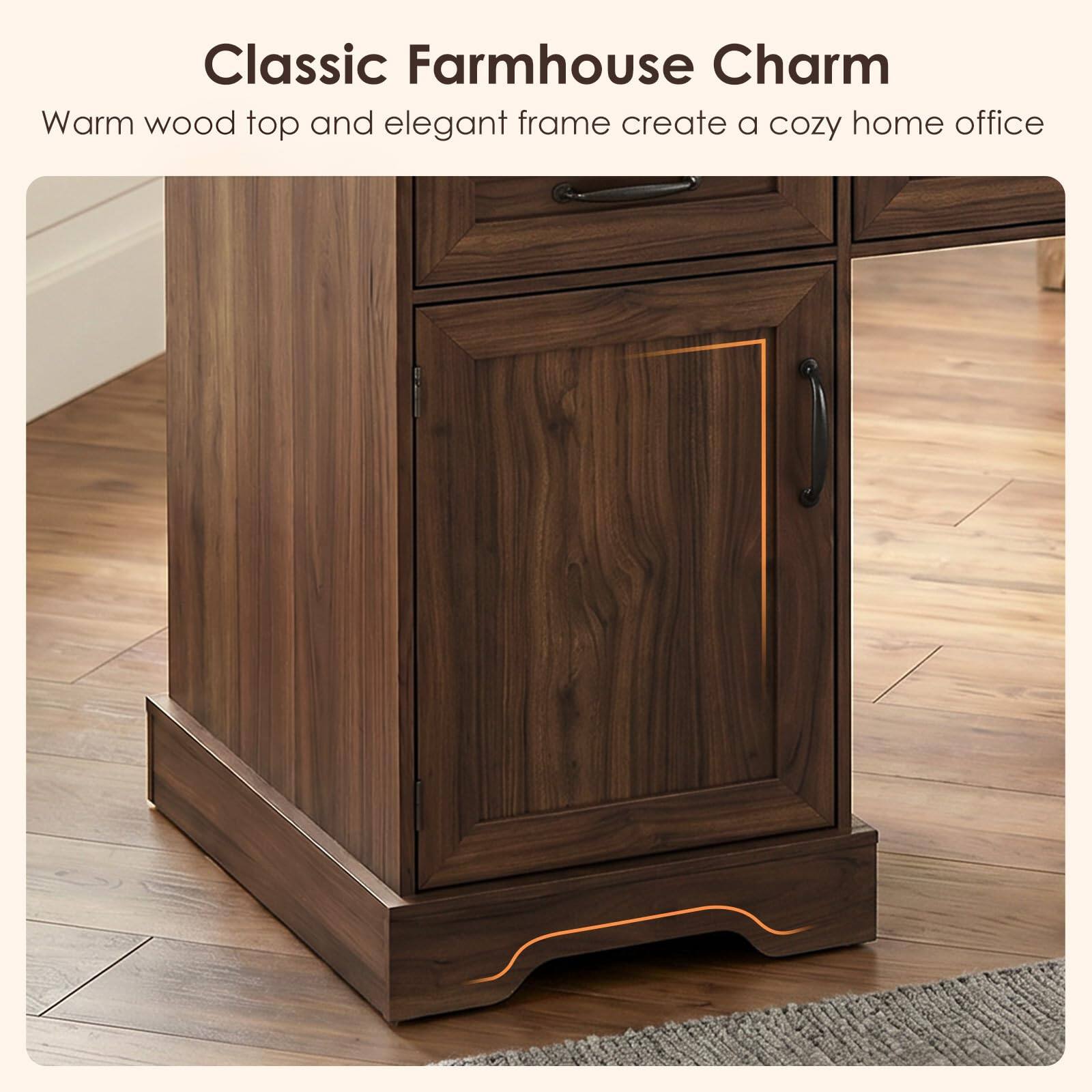 Classic Farmhouse Charm  
Warm wood top and elegant frame create a cozy home office