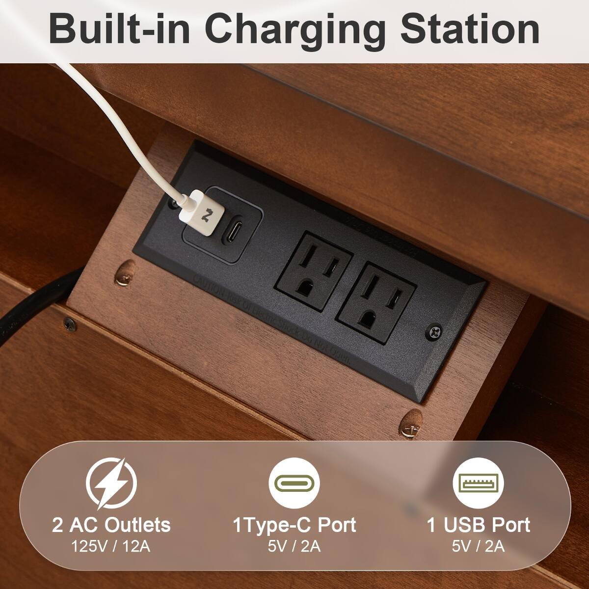 Built-in Charging Station

2 CAUTION Risk " Shock

2 AC Outlets 125V/12A

1 Type-C Port 5V/2A

1 USB Port 5V/2A
