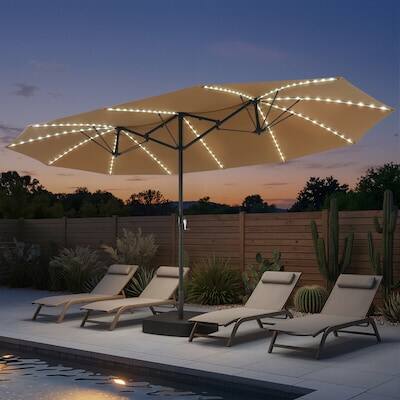 Alt View 4. Crestlive Products - Crestlive Products 15 x 10FT Solar Light Double-Sided Patio Outdoor Umbrella Tilting Waterproof Metal Pole Base Included - tan.