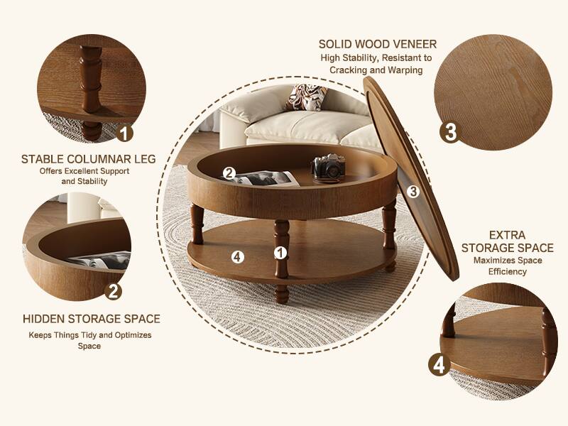 1. **STABLE COLUMNAR LEG**  
   Offers Excellent Support and Stability

2. **HIDDEN STORAGE SPACE**  
   Keeps Things Tidy and Optimizes Space

3. **SOLID WOOD VENEER**  
   High Stability, Resistant to Cracking and Warping

4. **EXTRA STORAGE SPACE**  
   Maximizes Space Efficiency