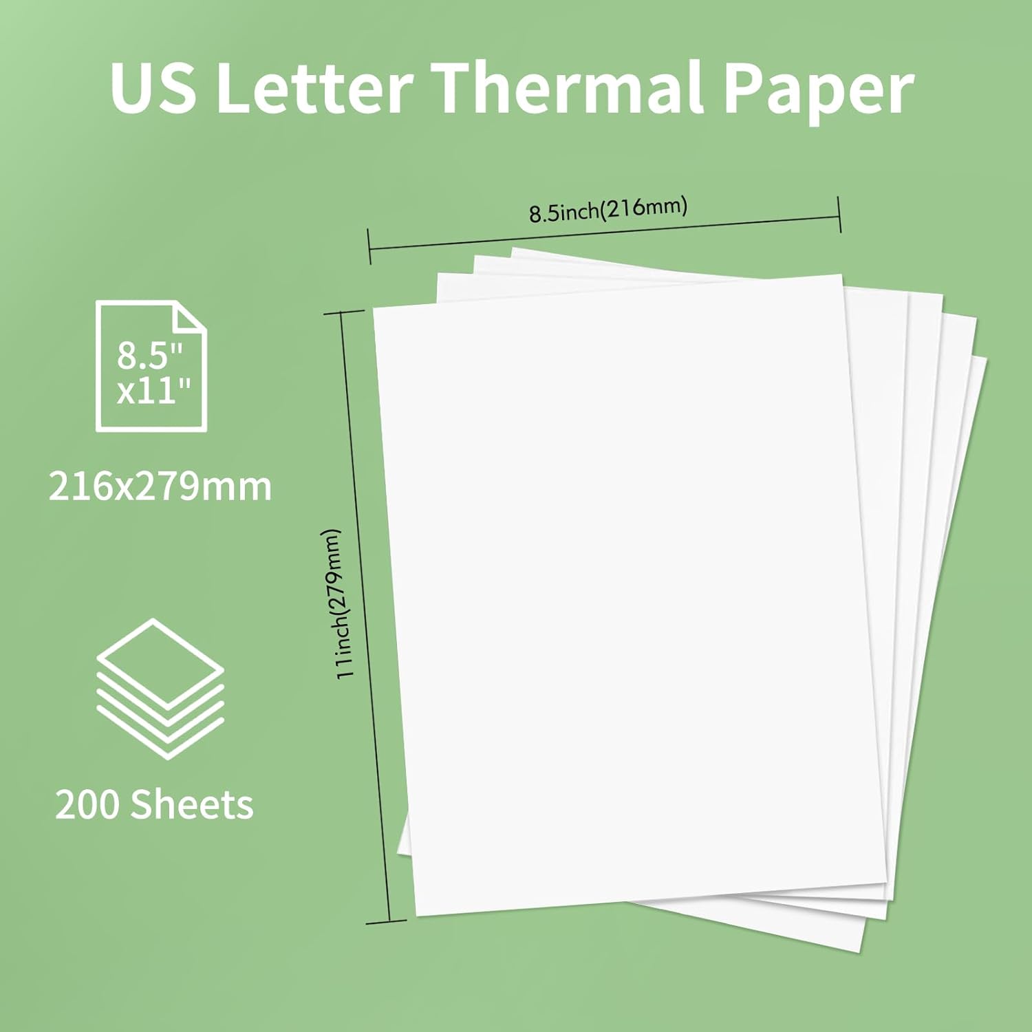 US Letter Thermal Paper: 8.5" x 11" (216 x 279mm), 8.5" (216mm) 6mm), 8.5" x 11" (216x279mm), 11" (279mm) 1, 200 Sheets.