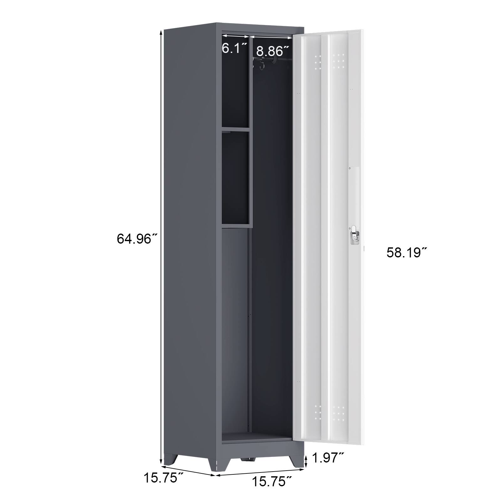 6.1"  
8.86"  
64.96"  
58.19"  
15.75"  
1.97"  
15.75"