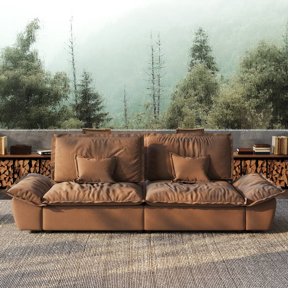 Angle. POVISON - 104.33" Sailboat Deep Sofa Stain Resistant Cozy Couch with Adjustable Backrest - Brown Suede Fabric.