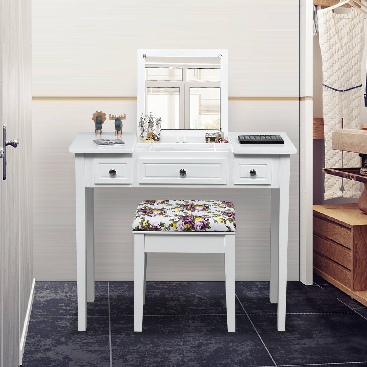 Alt View 1. Ecooso - Vanity Table with Flip Top Mirror, Triple Drawers and Wide Workspace for Makeup Storage - White.