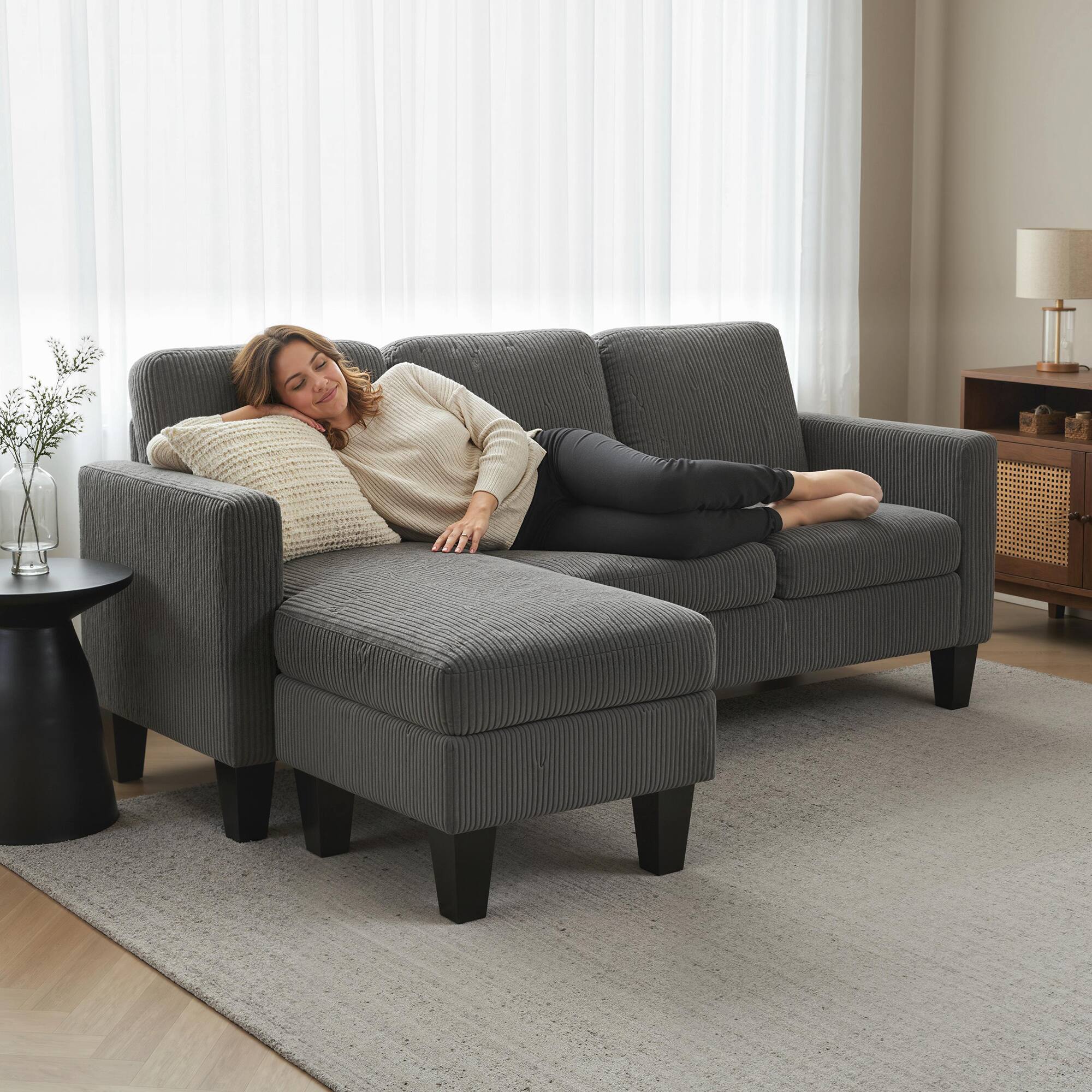 Alt View 8. Homcom - Sofa, L Shaped Couch, with Reversible Chaise or Ottoman - Dark Gray.