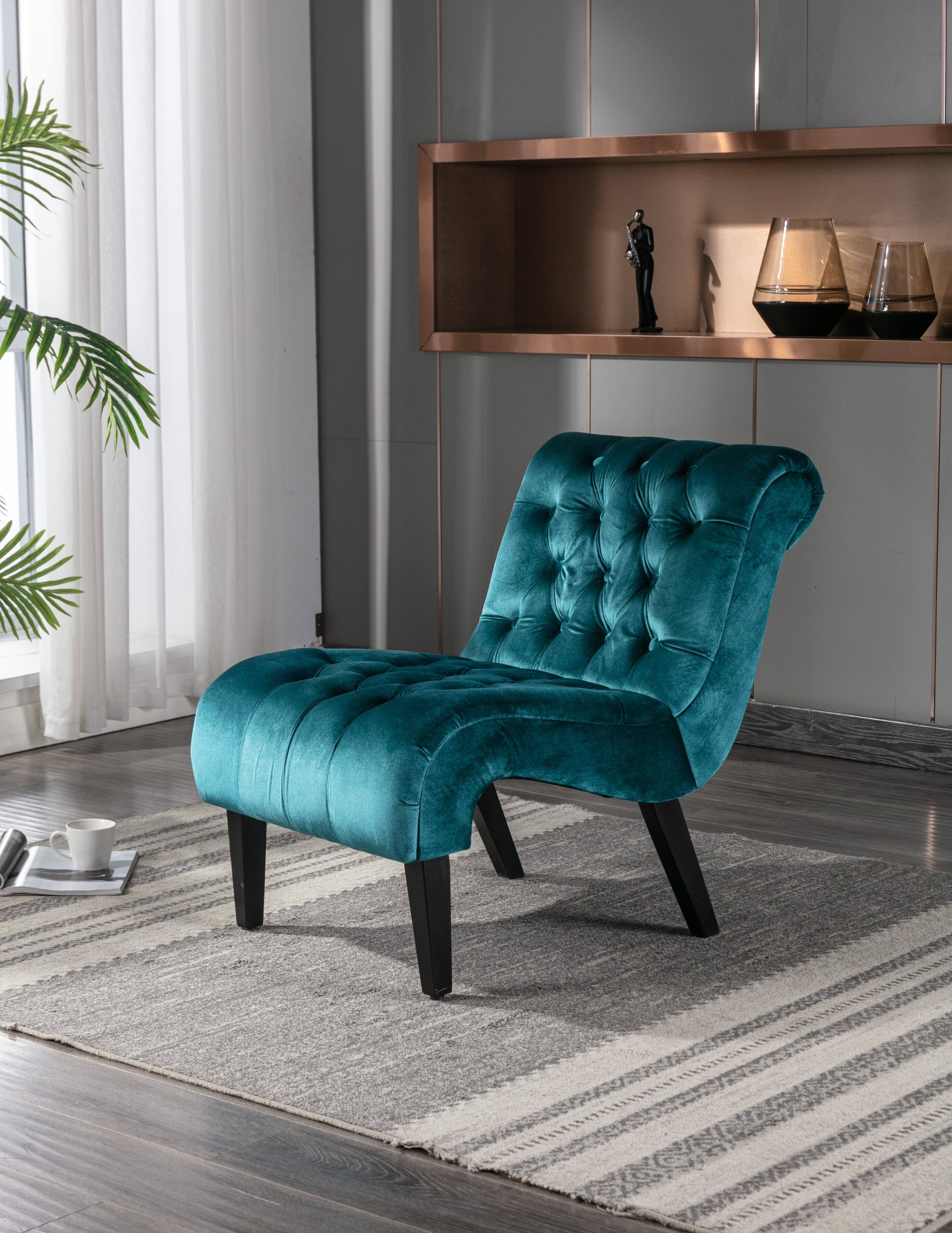 Angle. Trinkets Crazed - Velvet Accent Lounge Chair for Living Room, Modern Leisure Chair with Tufted Backrest, Indoor Armless Side Chair - Teal.