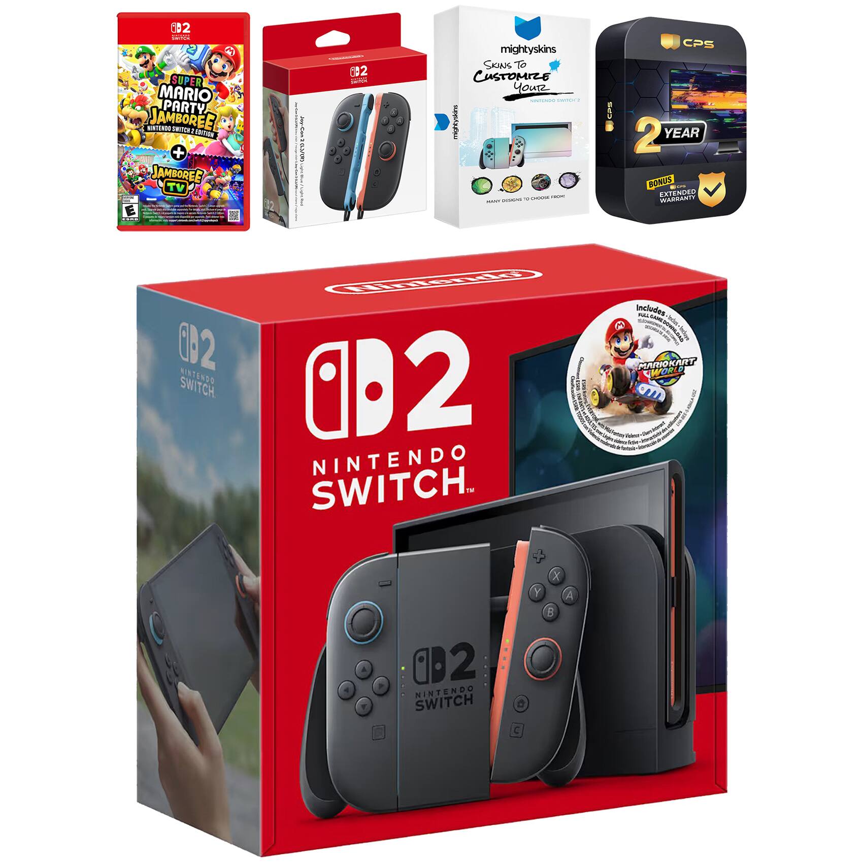 002 - Super Mario Party Jamboree + Jamboree TV  
002 - MightySkins Skins to Customize Your Nintendo Switch  
1 Year Bonus Extended Warranty  
2 Year Warranty  
Nintendo Switch Includes:  
- Mario Kart 8 Deluxe  
- Super Mario Party  
- Mario Tennis Aces  
- Mario Golf: World Tour