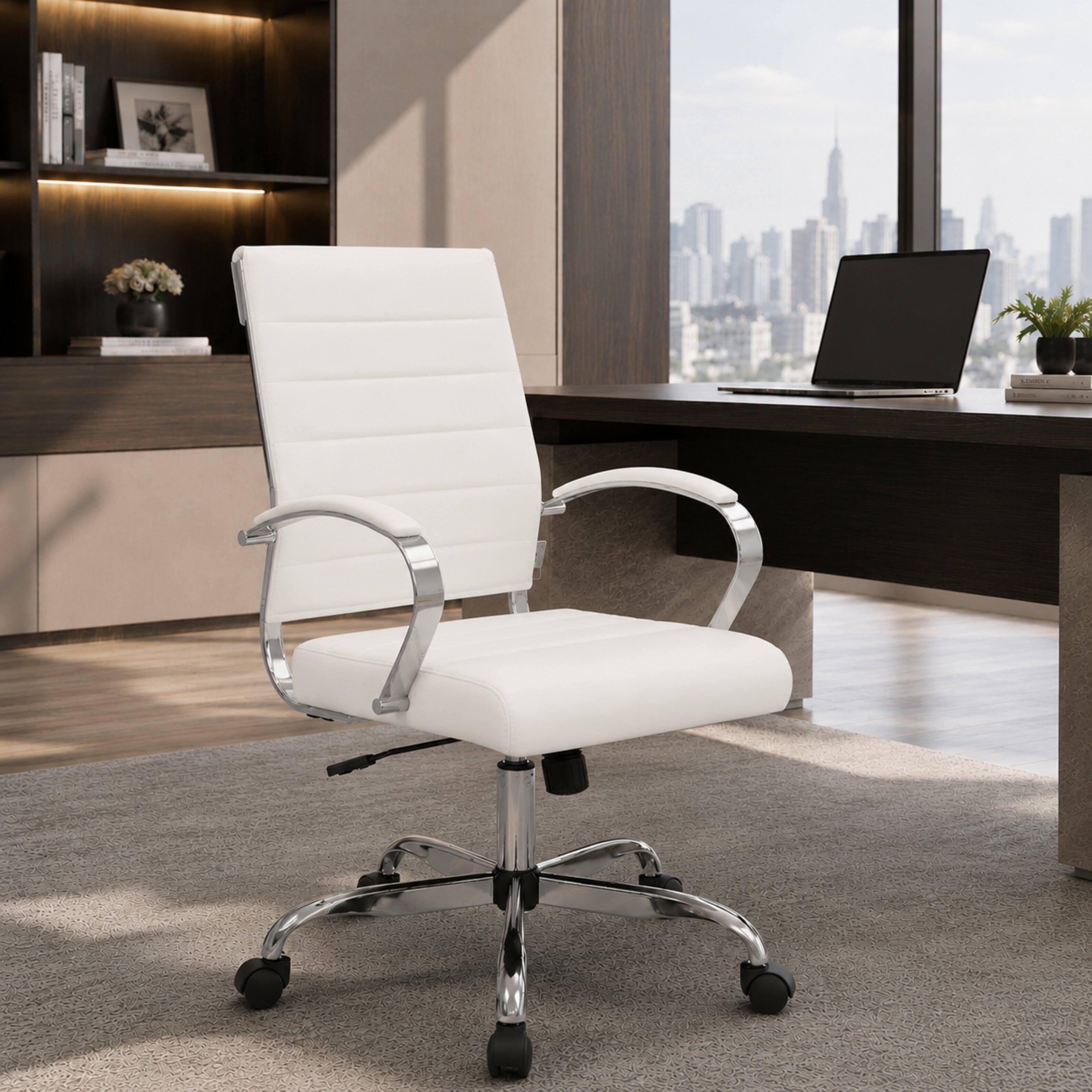 Alt View 3. LeisureMod - Benmar Modern Ergonomic Ribbed Leather Office Desk Chair, Steel Frame, Computer Chair for Home Office & Workspace Use - White.