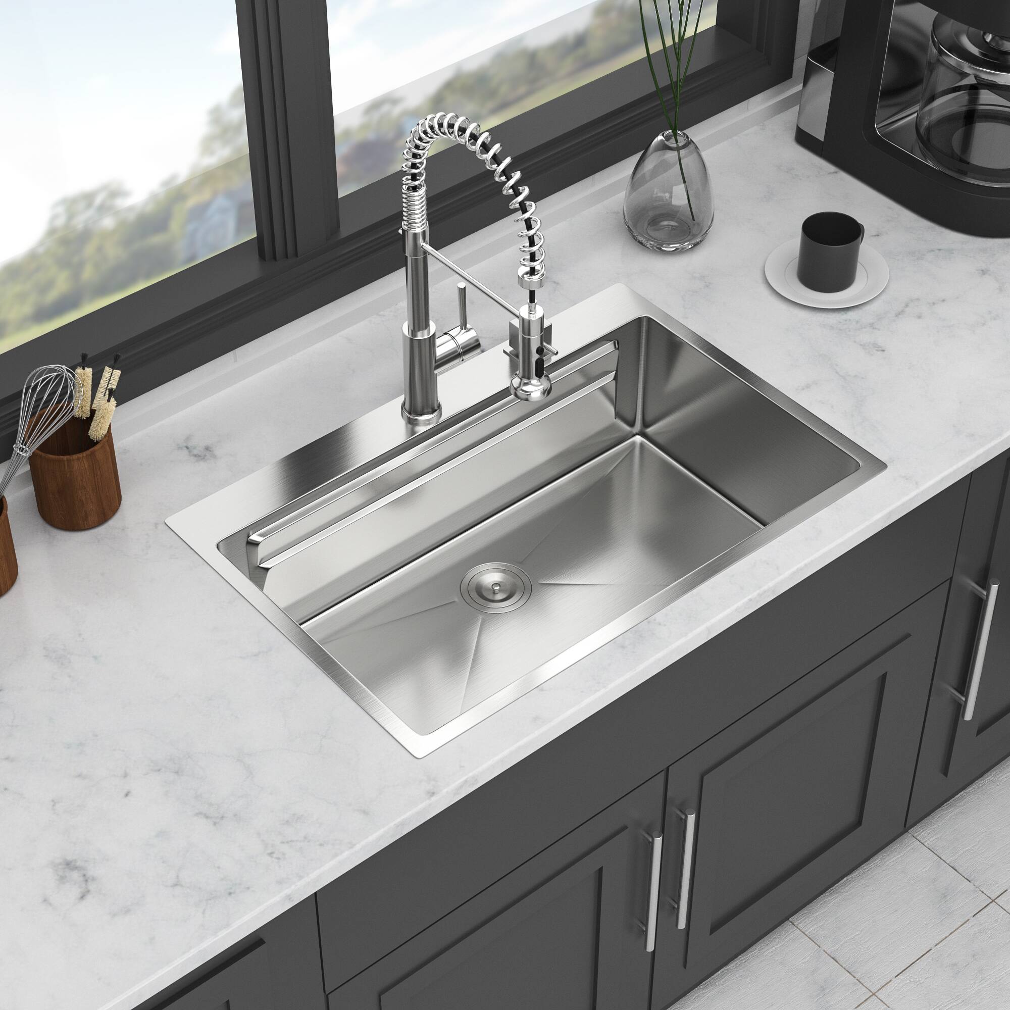 Angle. Siljoy - 33" Drop in Kitchen Sink - 33 x 22 x 10 inch Topmount Single Bowl 16 Gauge Stainless Steel Ledge Workstation Sinks - Brushed Nickel.