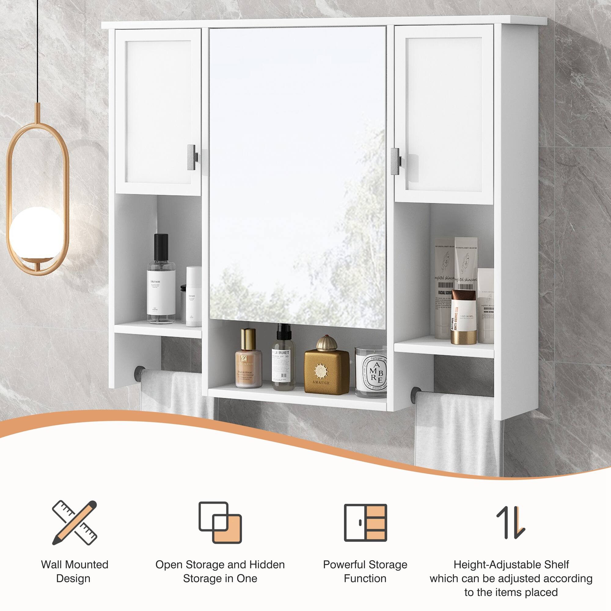 - Wall Mounted Design
- Open Storage and Hidden Storage in One
- Powerful Storage Function
- Height-Adjustable Shelf which can be adjusted according to the items placed