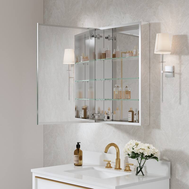 Left. WELLFOR - 20 in. W x 30 in. H Rectangular Aluminum Recess or Surface Mount Medicine Cabinet with Mirror, Soft Close Door - Silver.