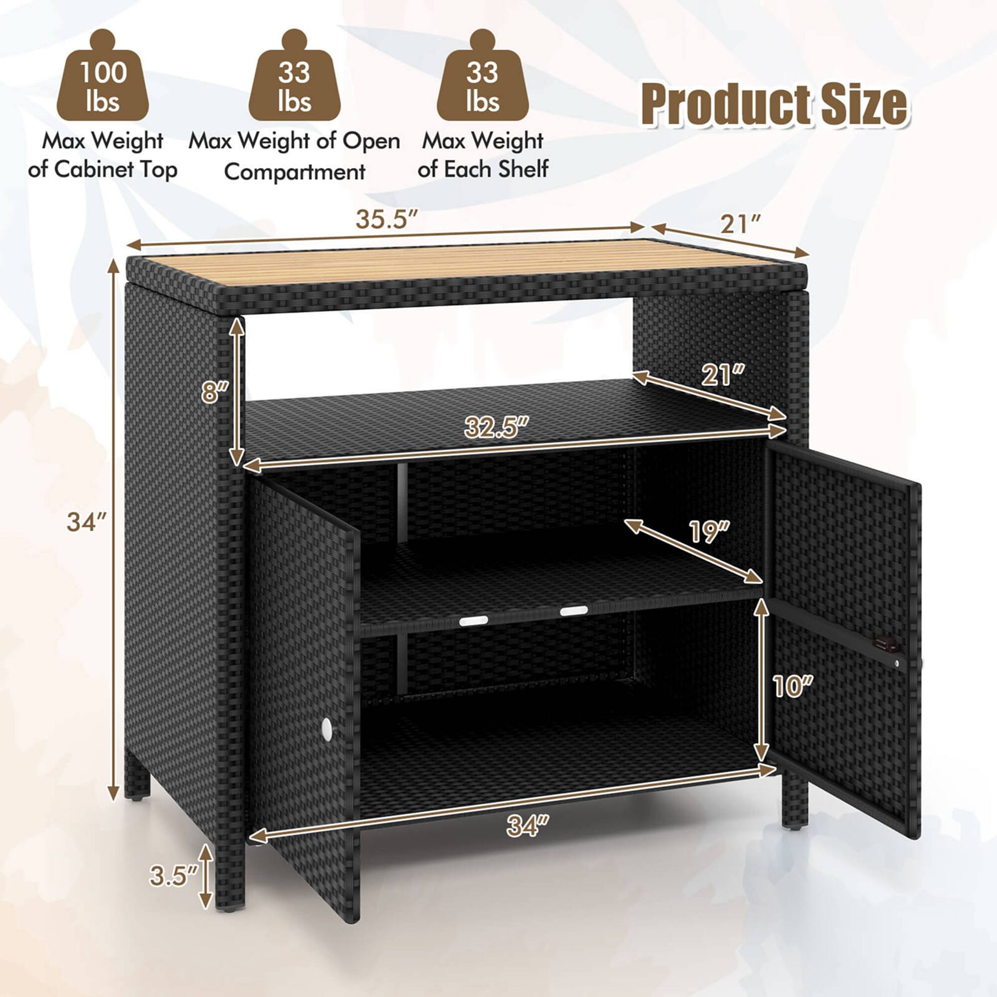 The text on the image reads:

100 lbs 33 lbs 33 lbs Max Weight of Open Cabinet Top Compartment of Each Shelf Product Size 35.5" 21" 8" 32.5" 21" 34" 19" 10" 3.5" 34"