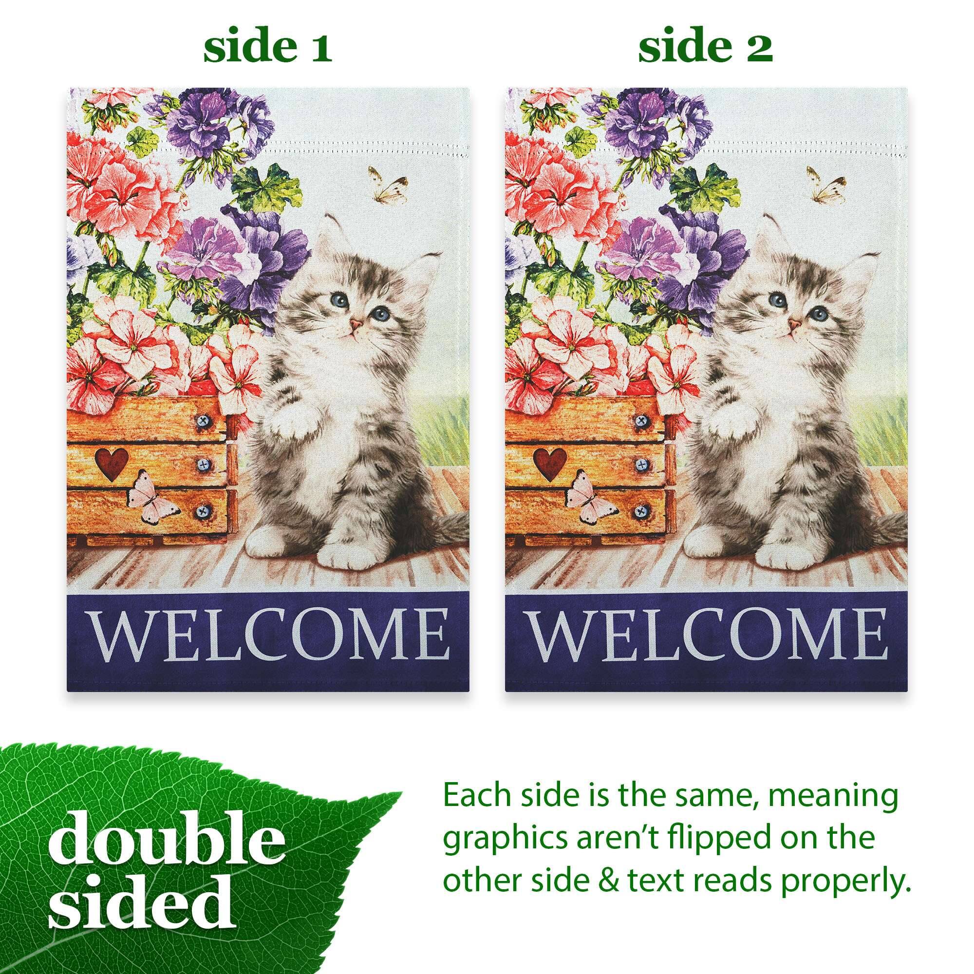 side 1 side 2  
WELCOME WELCOME  
double sided  

Each side is the same, meaning graphics aren't flipped on the other side & text reads properly.