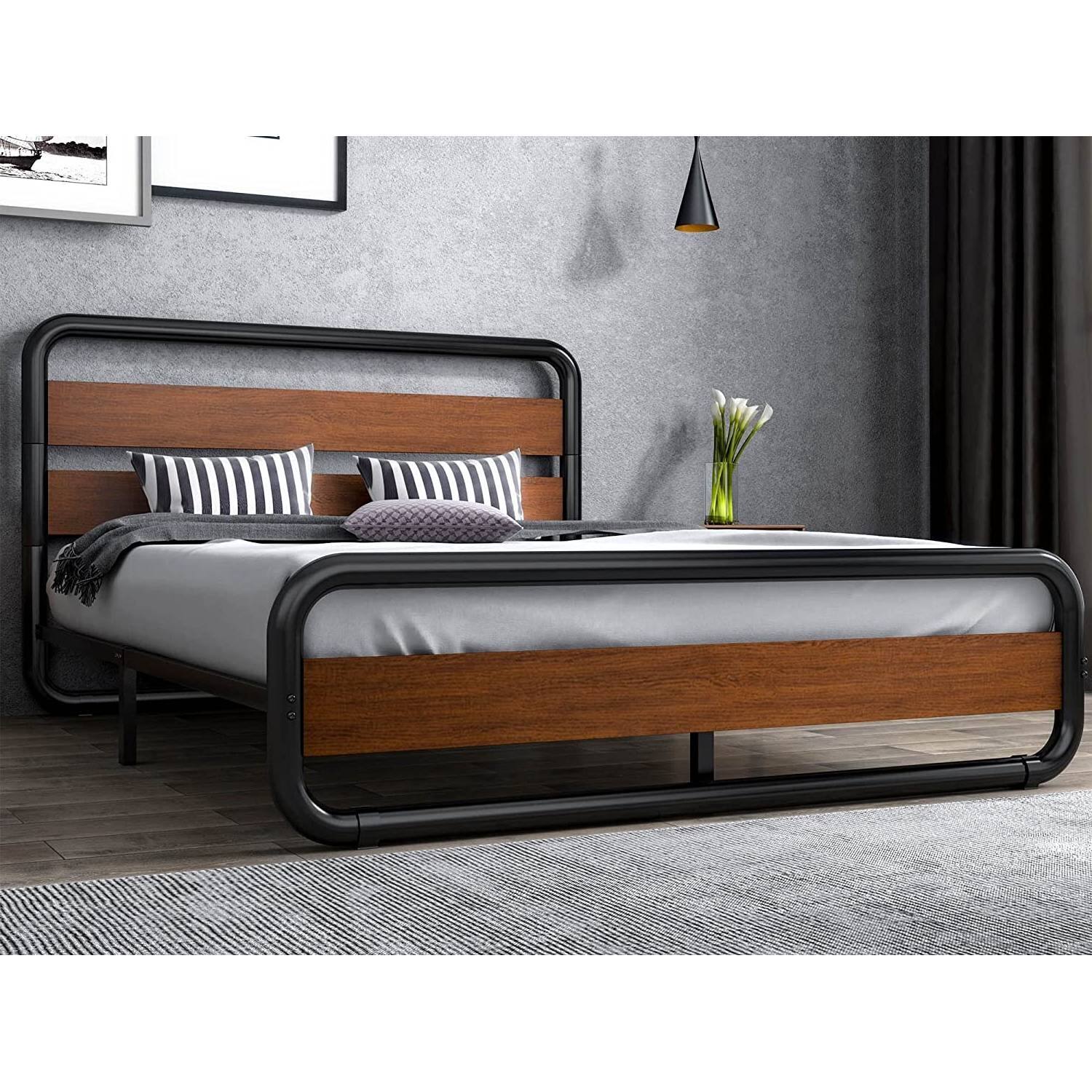 Back. Hivvago - Hivvago King size Heavy Duty Industrial Modern Platform Bed Frame with Headboard - Brown,Black.