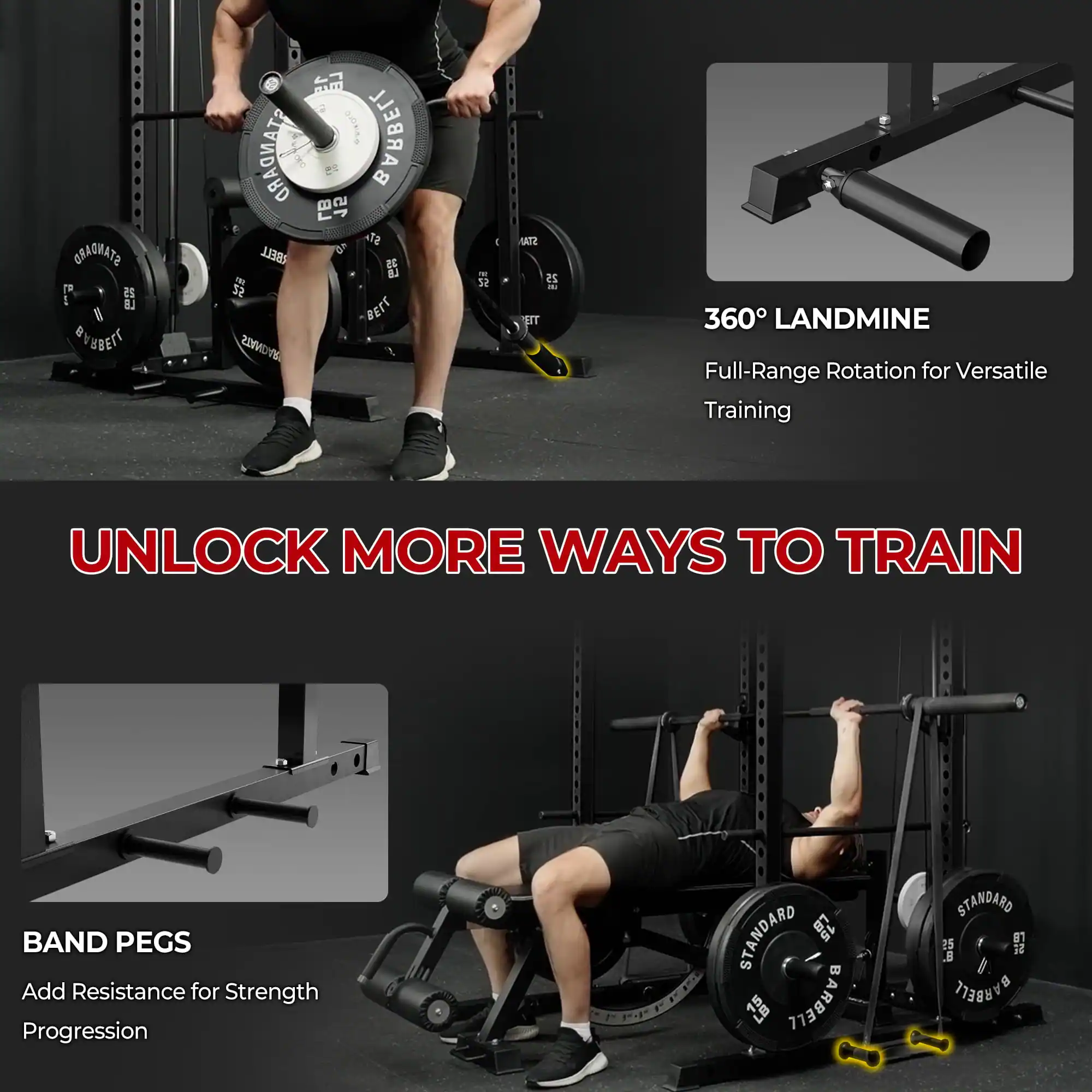 GRANATE  
OVUBEIT 1 STANDARD BELL  
Et Mas  
GOORAS BARBELL  

2 DI BETT 52 STAN  
25 -- UT 360 LANDMINE  
Full-Range Rotation for Versatile Training  
UNLOCK MORE WAYS TO TRAIN  
BAND PEGS  
Add Resistance for Strength Progression  
STANDARD  
PEE 1  
BARBELL  
STANDARD 1  
2 BARBELL