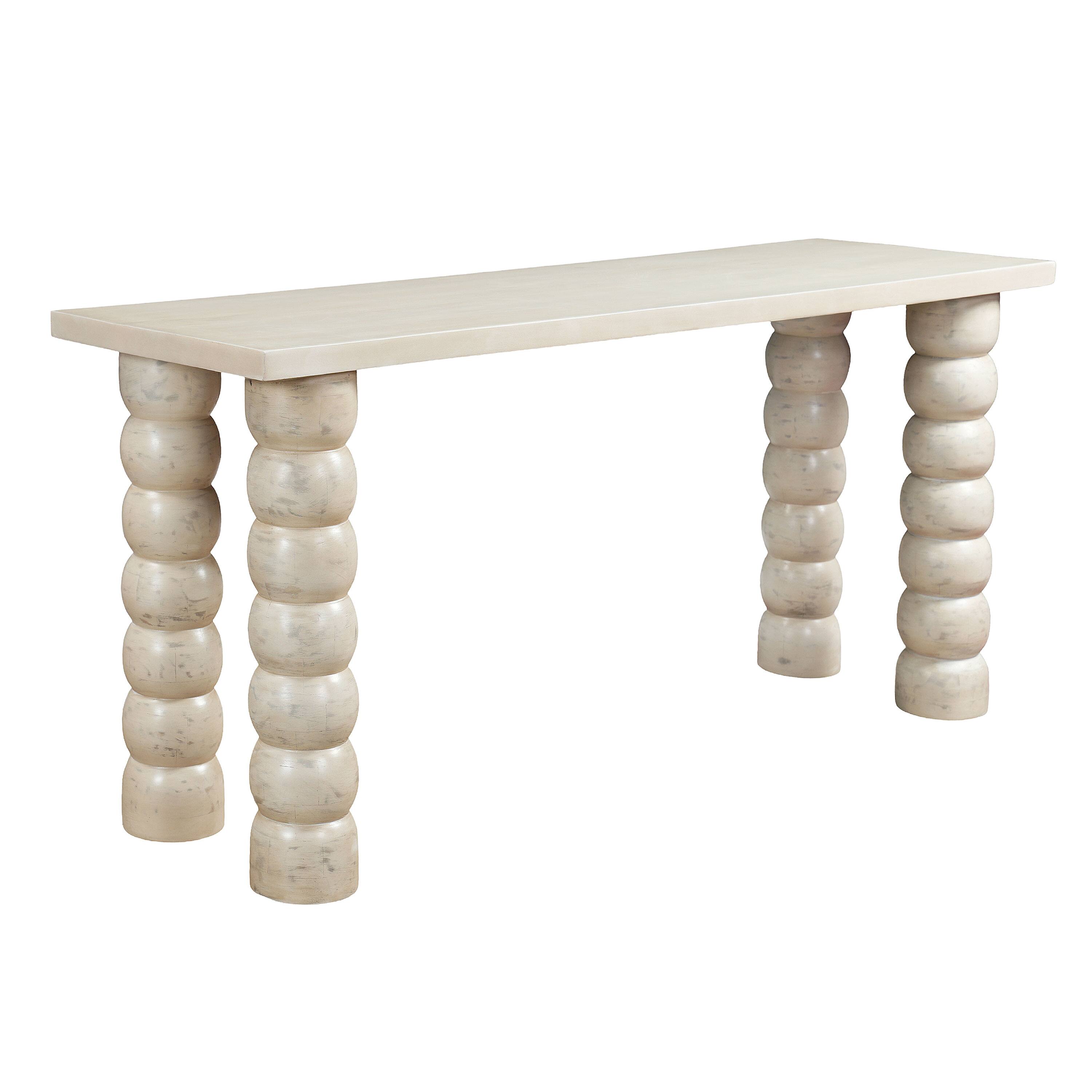 Angle. Manhattan Lane - 69 Inch Sofa Console Table, Antique Mango Wood, Stacked Beaded Legs - Antique White.