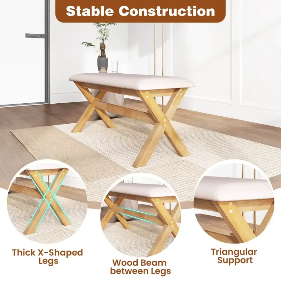 Stable Construction:

* Thick X-Shaped Legs
* Wood Beam between Legs
* Triangular Support