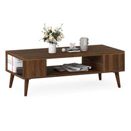 Gymax - 42'' Rectangular Center Table w/Open Compartment & 2 Side Storage Shelves Walnut - Brown
