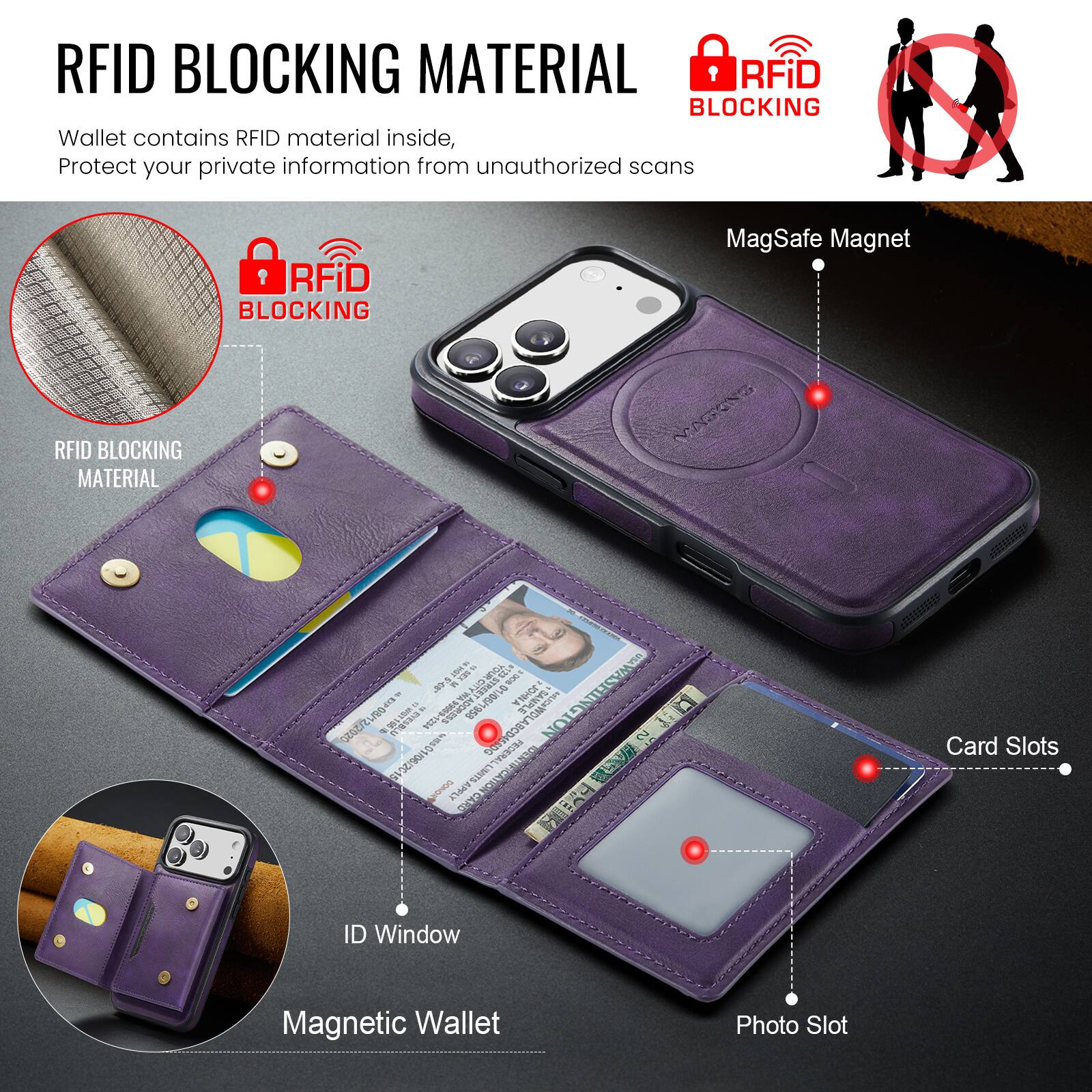 RFID BLOCKING MATERIAL

Wallet contains RFID material inside, Protect your private information from unauthorized scans

RFID BLOCKING MATERIAL

RFiD BLOCKING MagSafe Magnet

RFiD BLOCKING MATERIAL

YAGONG cte - ICA 1R 20 o . 10 - | Amn 2 E . H arv 11 TM WASHINGION ed r 2 W  - VOZA USE 1A ARCDA 3181 5 ISE)9OILOTR TEH   OGG EM4T LOR PARI R ctt

Card Slots

ID Window

Magnetic Wallet

Photo Slot