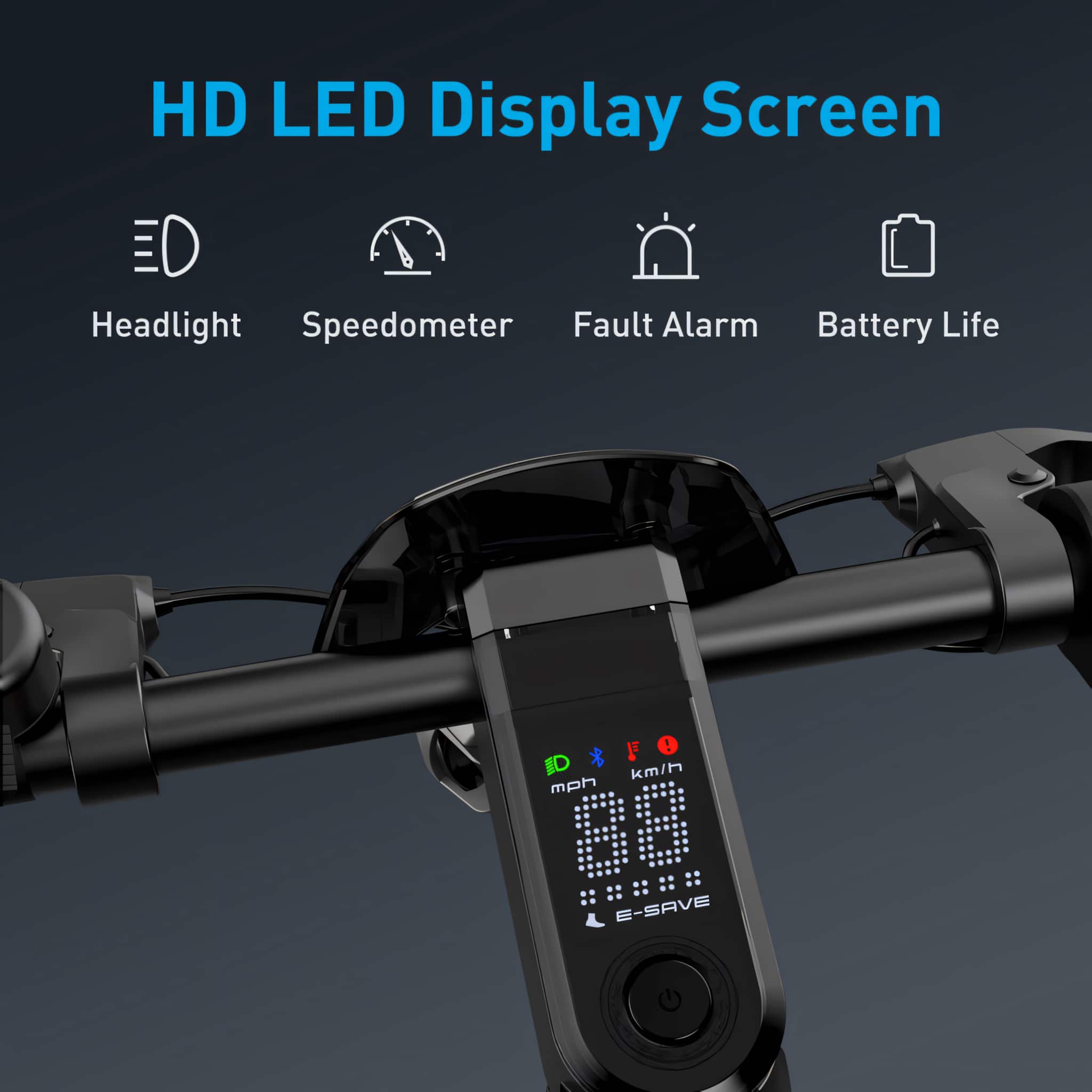 The text on the image reads: "HD LED Display Screen Headlight Speedometer Fault Alarm Battery Life."