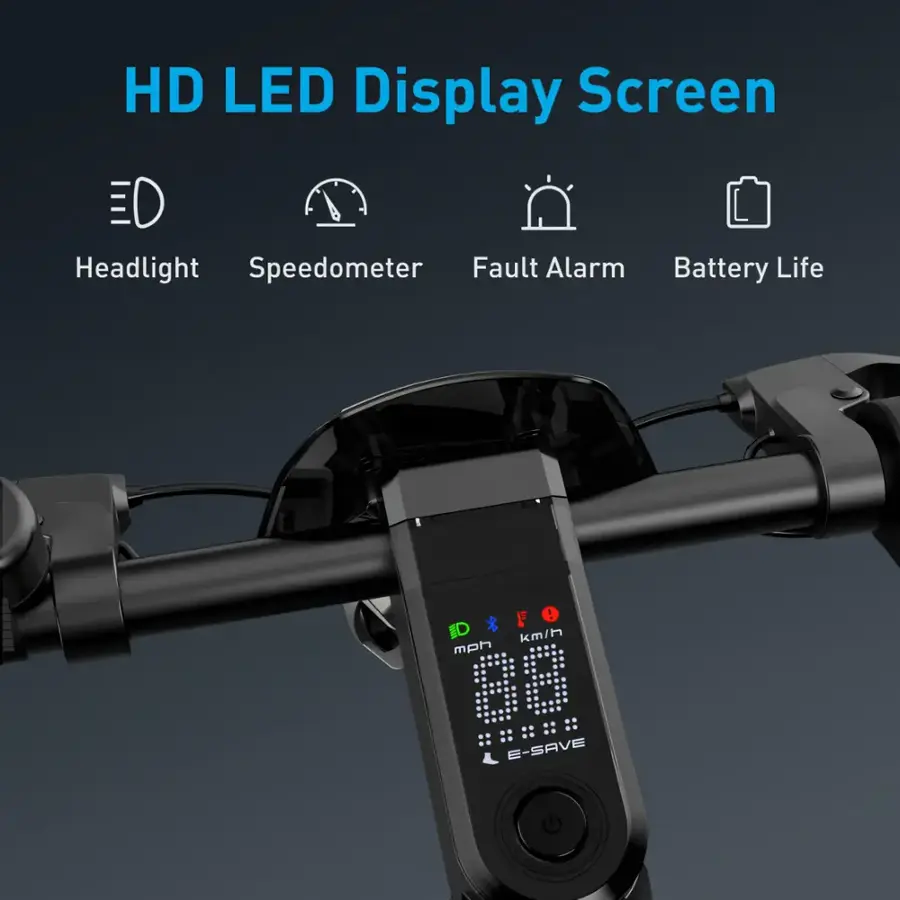 The text on the image reads: "HD LED Display Screen Headlight Speedometer Fault Alarm Battery Life."