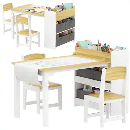 Front. Qaba - Desk and Chair Set with Paper Roll, Kids Activity Craft Table with Storage Shelves and Drawers - Natural Wood.