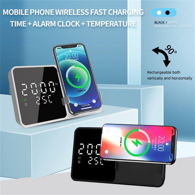 MOBILE PHONE WIRELESS FAST CHARGING TIME + ALARM CLOCK + TEMPERATURE  
BLACK / WHITE AVAILABLE IN 2 COLORS  

Rechargeable both vertically and horizontally  

20:00  
29.1°C  

20:00  
29.1°C