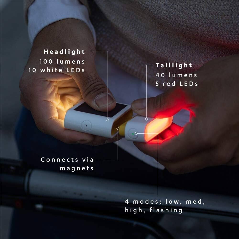 Headlight  
100 lumens  
10 white LEDs  

Taillight  
40 lumens  
5 red LEDs  

Connects via magnets  

4 modes: low, med, high, flashing