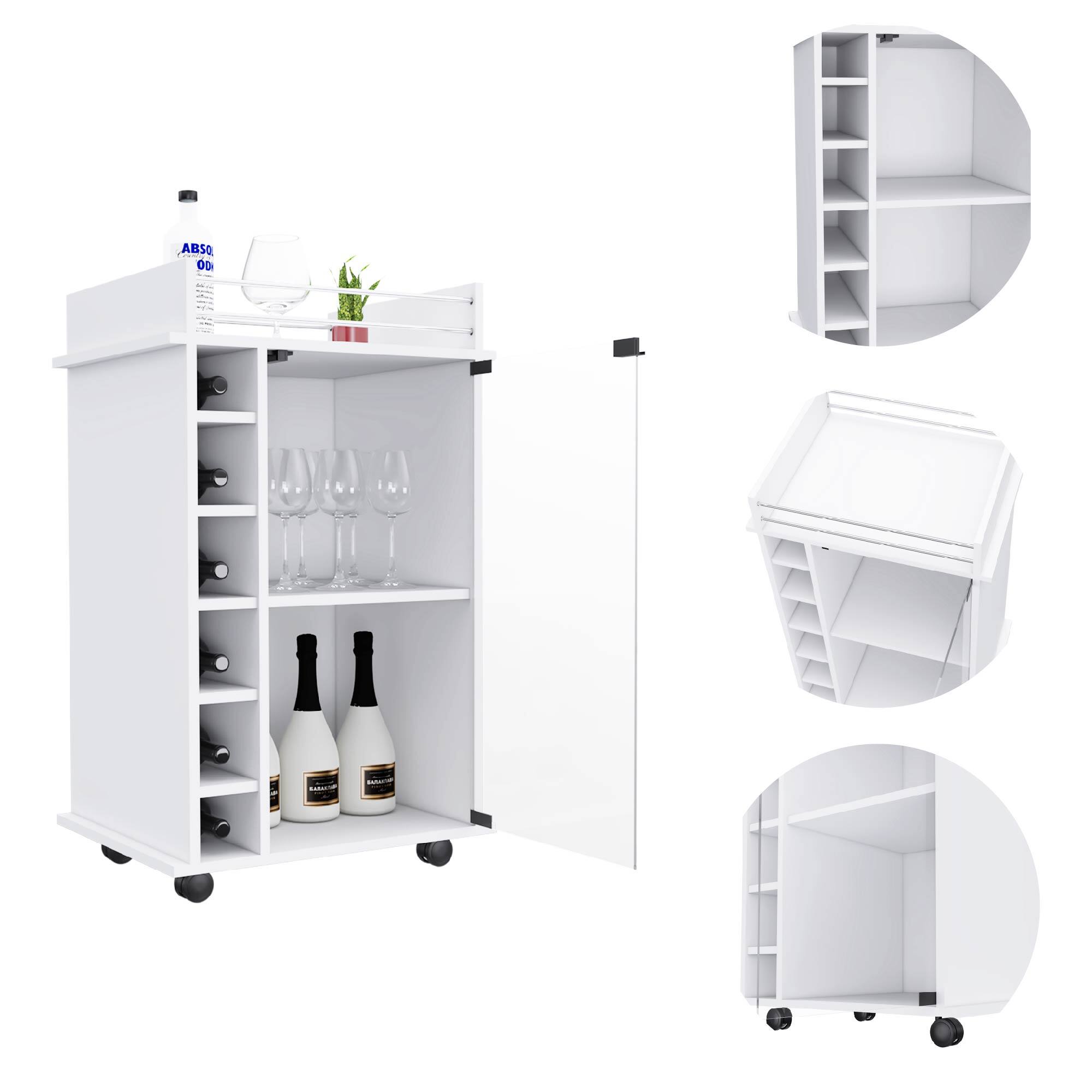 Left. TinyHomie - Dukat Bar Cart Two Shelves Six Built-in Wine Rack Four Casters -White.