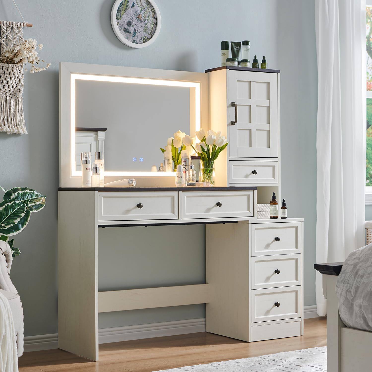 Front. PO3TICJUNKI3 - Farmhouse LED Vanity Desk, 47" Glass Top, 6 Drawers, Charging Station - Antique White 15.1"D x 47.2"W x 54.2"H.