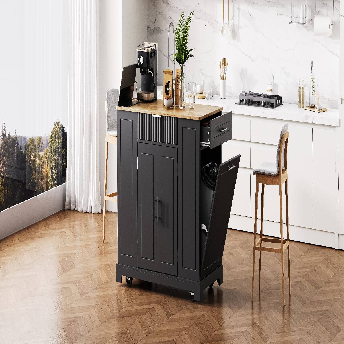 Alt View 1. Loheer - Loheer Black Fluted Kitchen Island with Trash Can Storage, Rubberwood Top & Power Outlet, 48.5in - Black.