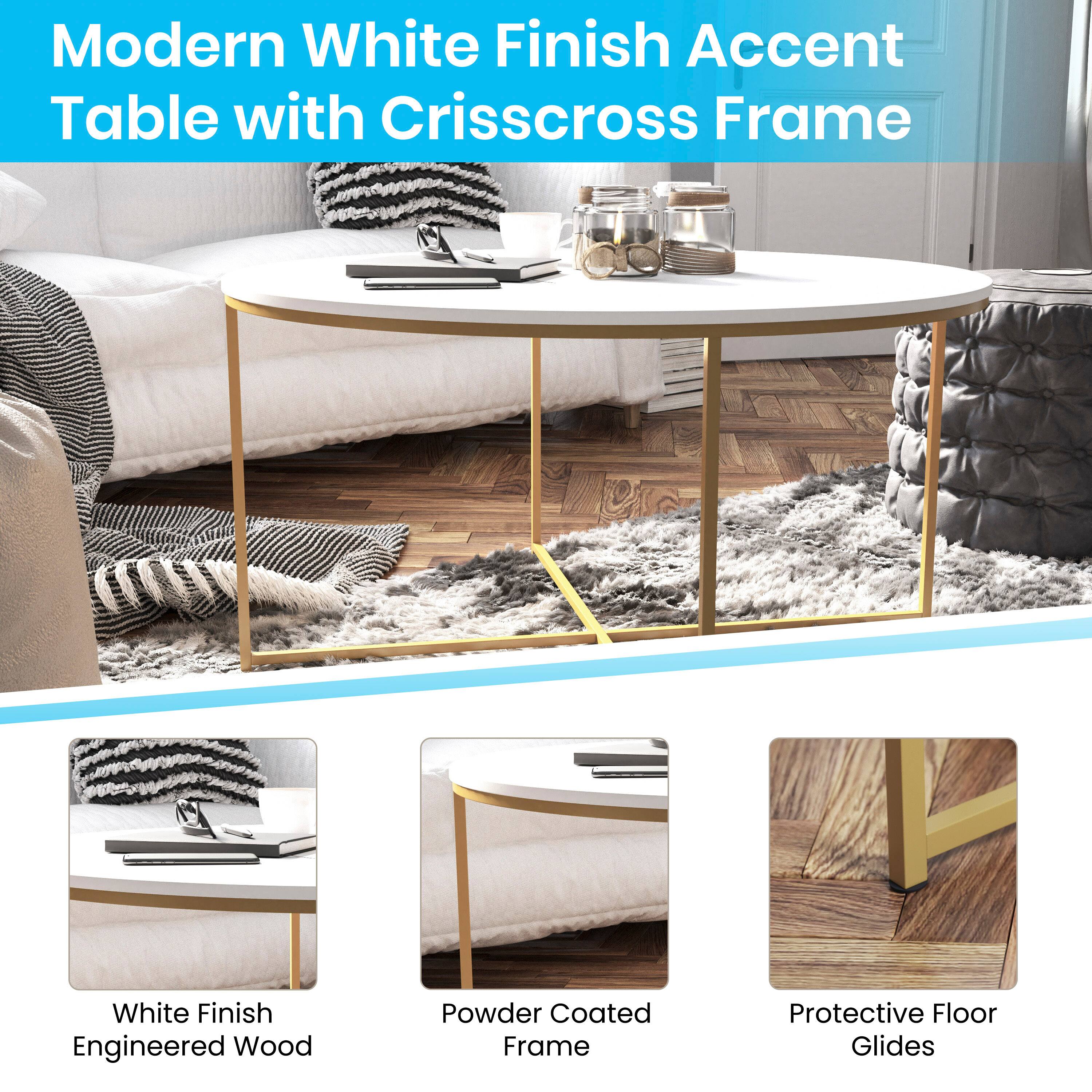 Modern White Finish Accent Table with Crisscross Frame

- White Finish Engineered Wood
- Powder Coated Frame
- Protective Floor Glides