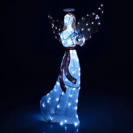 Front. Gymax - Gymax 5 FT Lighted Angel w/ Harp LED Lights Halo Zip Ties & Ground Stakes Christmas - Cold White.