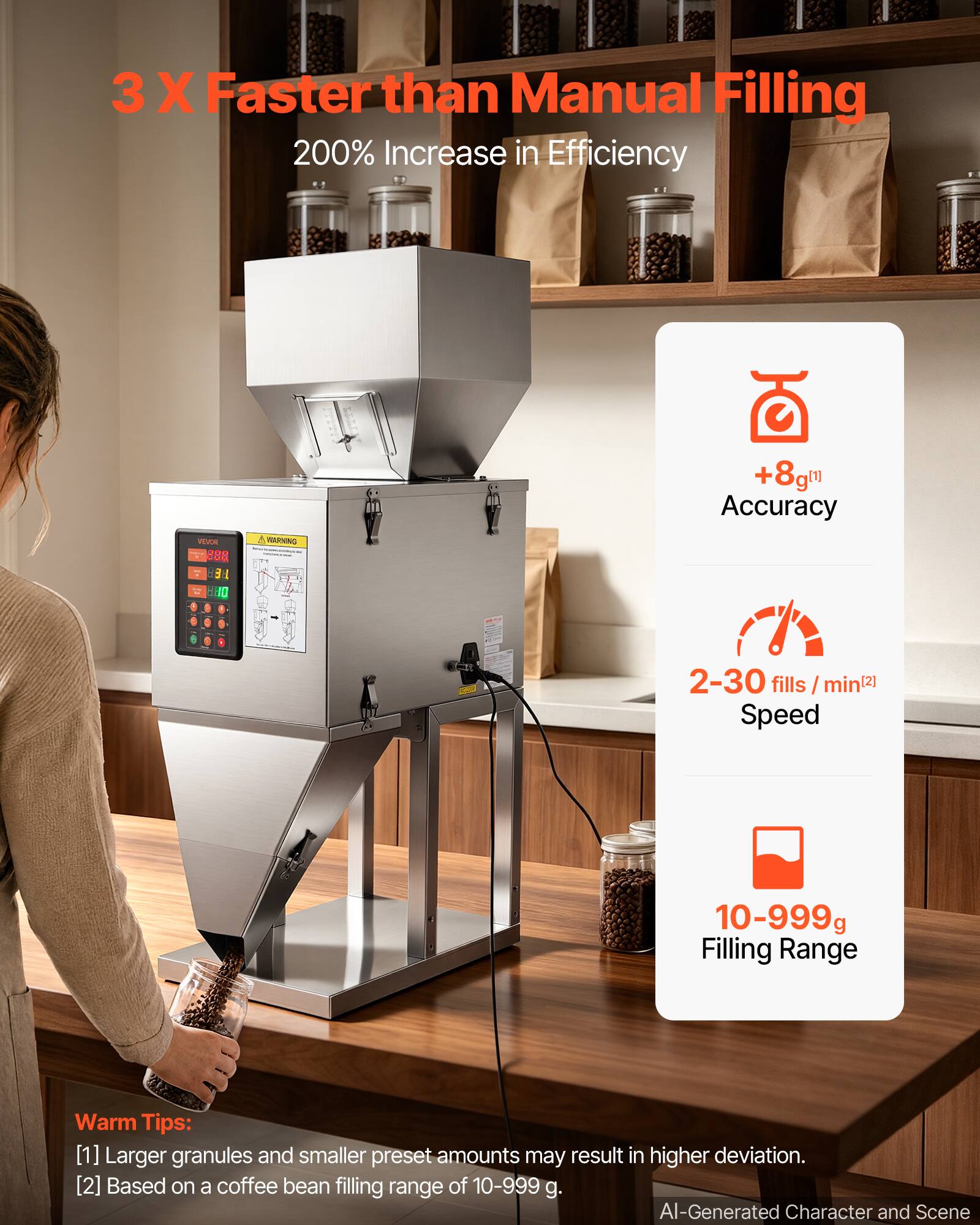 3 X Faster than Manual Filling  
200% Increase in Efficiency  

+8g( Accuracy  
2-30 fills /min[] Speed  
10-999g Filling Range  

Warm Tips:  
[1] Larger granules and smaller preset amounts may result in higher deviation.  
[2] Based on a coffee bean filling range of 10-999 g.  

AI-Generated Character and Scene