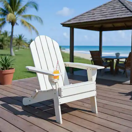 Front. Kadyn - Folding Adirondack Chair, Foldable Weather Resistant Patio Chair with Built-in Cup Holder,Patio Chairs-White - White.