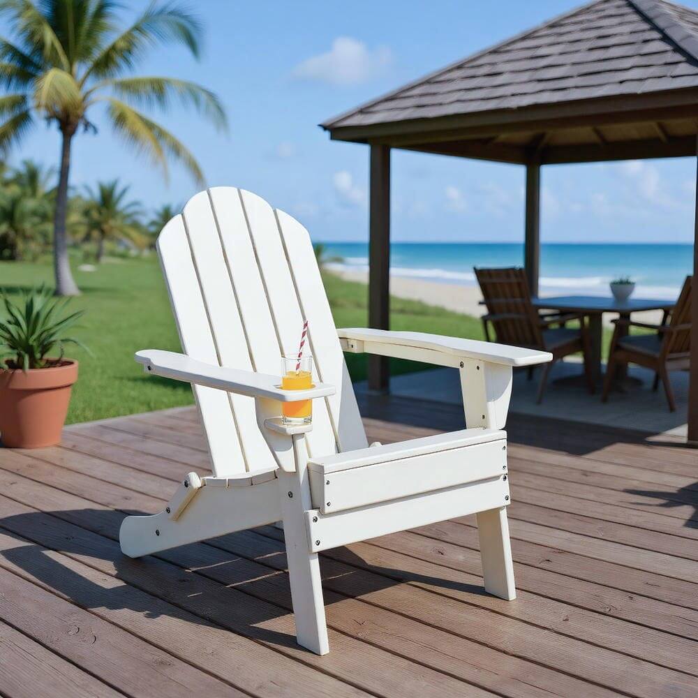 Front. Kadyn - Folding Adirondack Chair, Foldable Weather Resistant Patio Chair with Built-in Cup Holder,Patio Chairs-White - White.