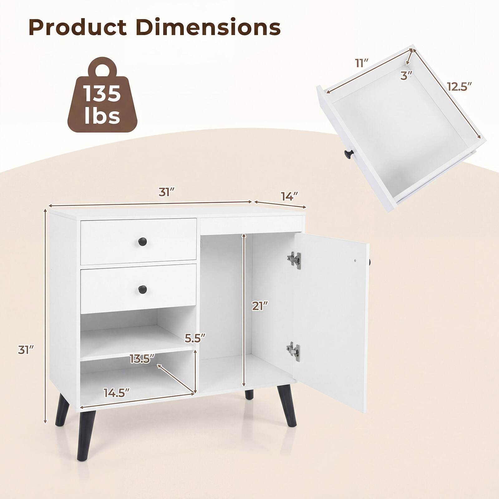 Product Dimensions: 135 lbs, 11" x 3" x 12.5", 31" x 14" x 21", 31" x 13.5" x 5.5", 14.5"