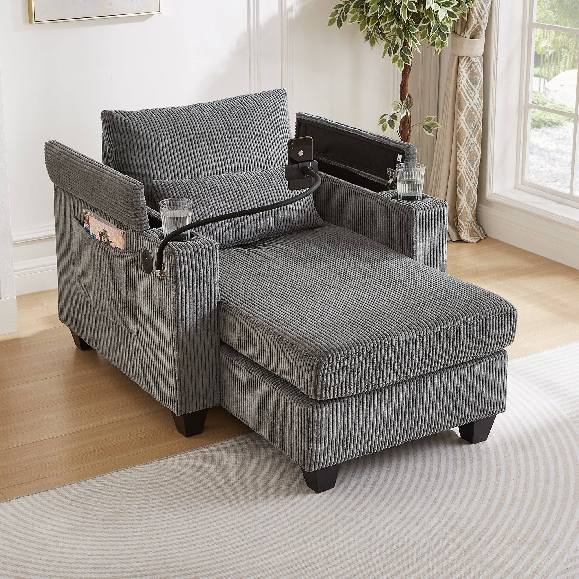 Alt View 2. Boyel Living - 3-in-1 Convertible Chaise Sofa Bed with USB Ports, Cup Holders & Storage - Corduroy Multi-Functional Sleeper in Gray - Gray.