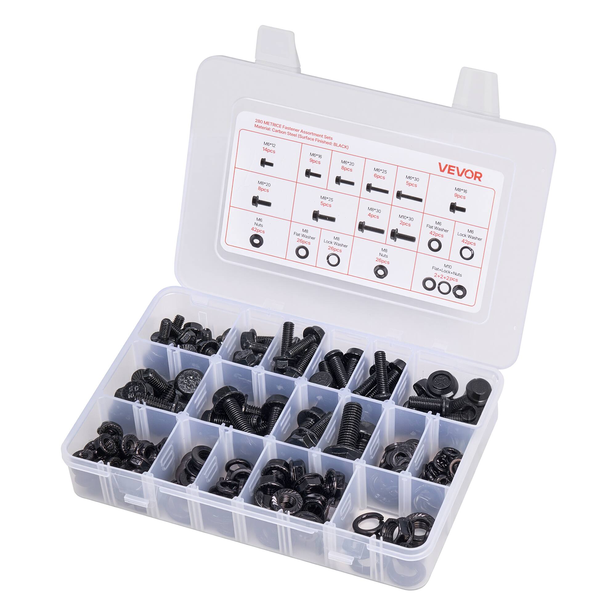 VEVOR  
200 METRIC Fastener Assortment Set (BLACK)  
Material: Carbon Steel  
Finish: Zinc Plated  

- M8x1.25  
  14pcs  
- M8x1.25  
  8pcs  
- M8x1.25  
  8pcs  
- M8x1.25  
  8pcs  
- M8x1.25  
  8pcs  
- M8x1.25  
  8pcs  
- M8x1.25  
  8pcs  
- M8x1.25  
  8pcs  
- M8x1.25  
  8pcs  
- M8x1.25  
  8pcs  
- M8x1.25  
  8pcs  
- M8x1.25  
  8pcs  
- M8x1.25  
  8pcs  
- M8x1.25  
  8pcs  
- M8x1.25  
  8pcs  
- M8x1.25  
  8pcs  
-