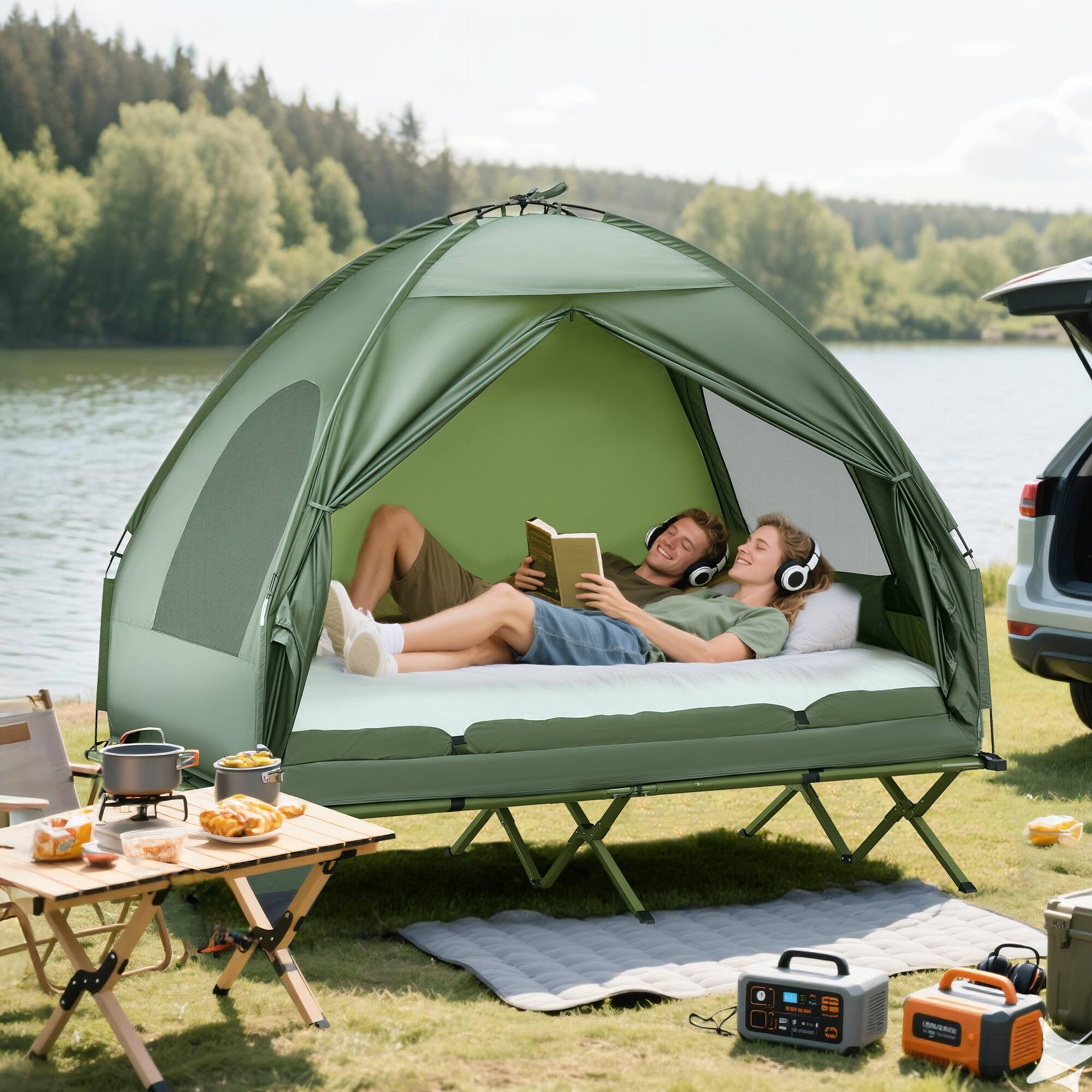 Alt View 8. Outsunny - Tent Cot, 4-in-1 Elevated Camping Bed Combo with Air Mattress, Bed Cover - Dark Green.