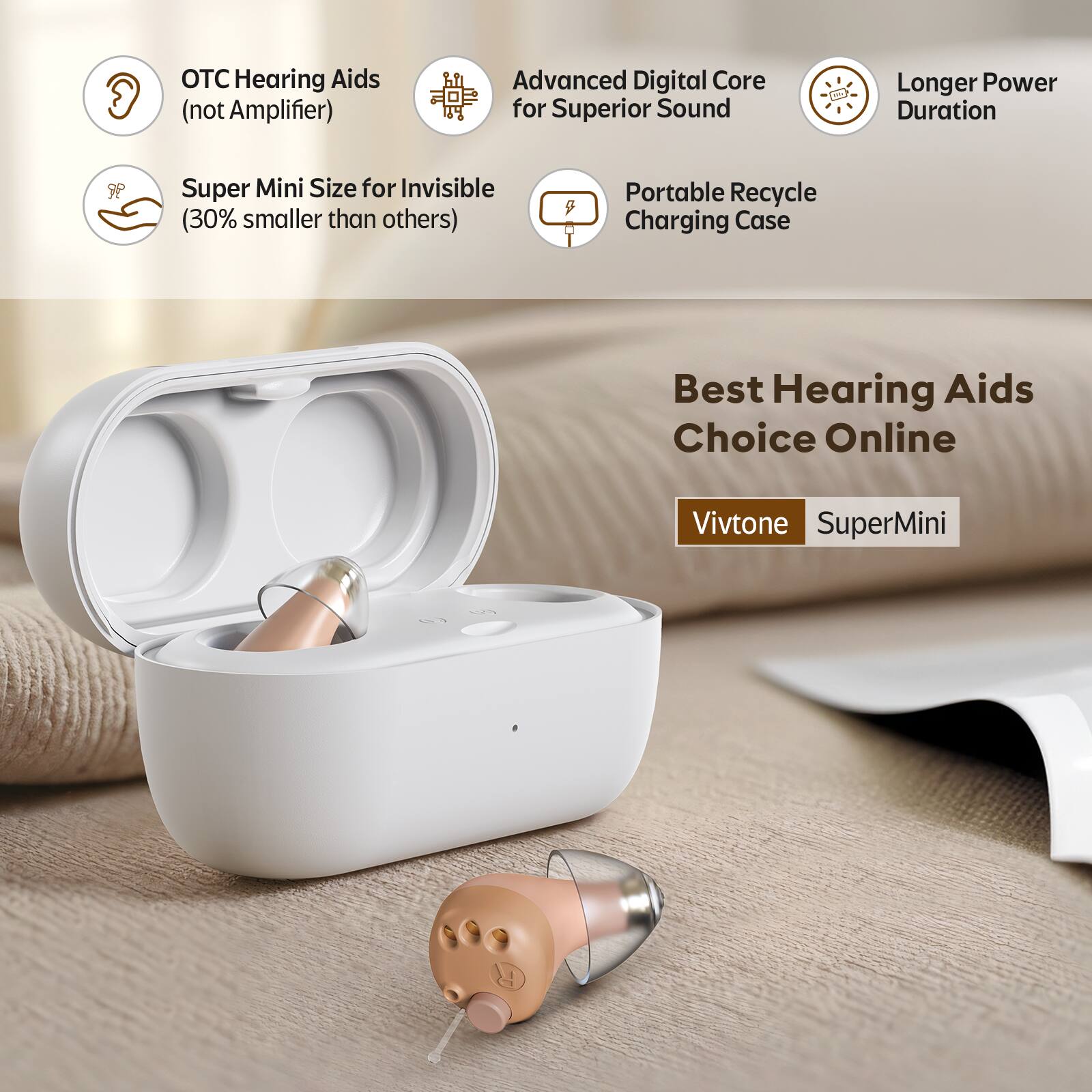 OTC Hearing Aids (not Amplifier), Super Mini Size for Invisible (30% smaller than others), Advanced Digital Core for Superior Sound, Longer Power Duration, Portable Recycle Charging Case, Best Hearing Aids Choice Online, Vivtone SuperMini