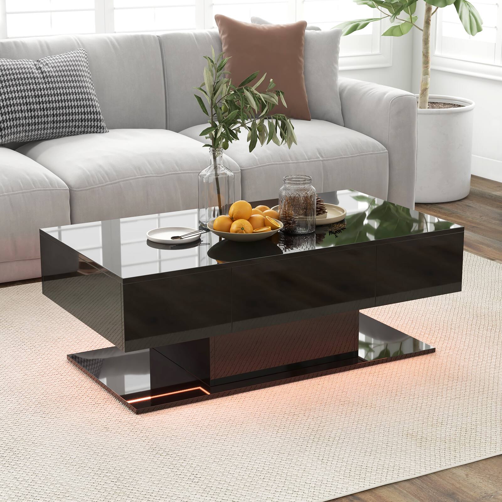 Alt View 8. Ecooso - Modern LED Coffee Table with 20 Color Lights and Dual Storage Drawers, Smart Center Table - Black.