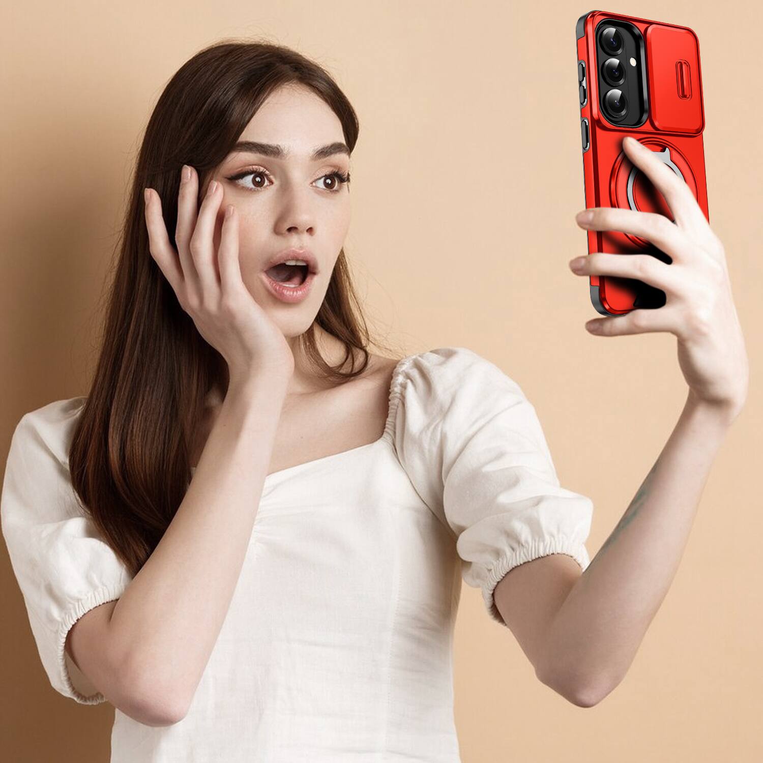 Alt View 6. UUCOVER - For Samsung Galaxy S26 Magnetic Case with Slide Camera Lens Cover and Rotatable Ring Kickstand, Drop Protection Cover - Red.